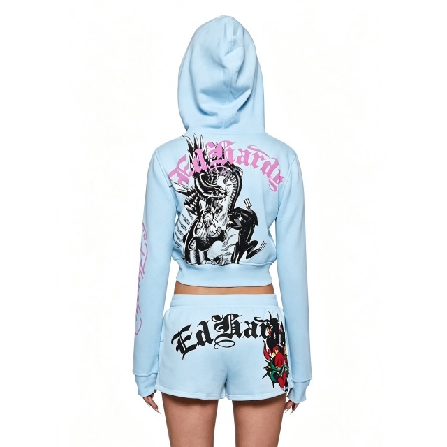 Printed Hooded Zip-up Jacket Jogger Short Set