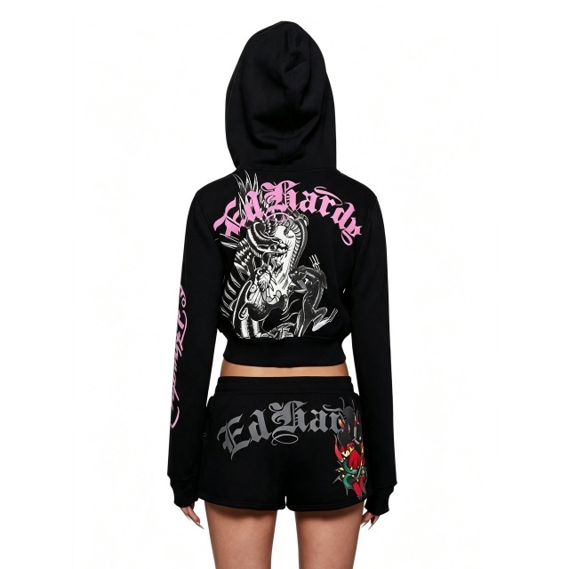 Printed Hooded Zip-up Jacket Jogger Short Set