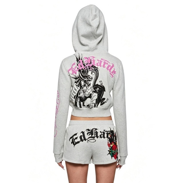 Printed Hooded Zip-up Jacket Jogger Short Set