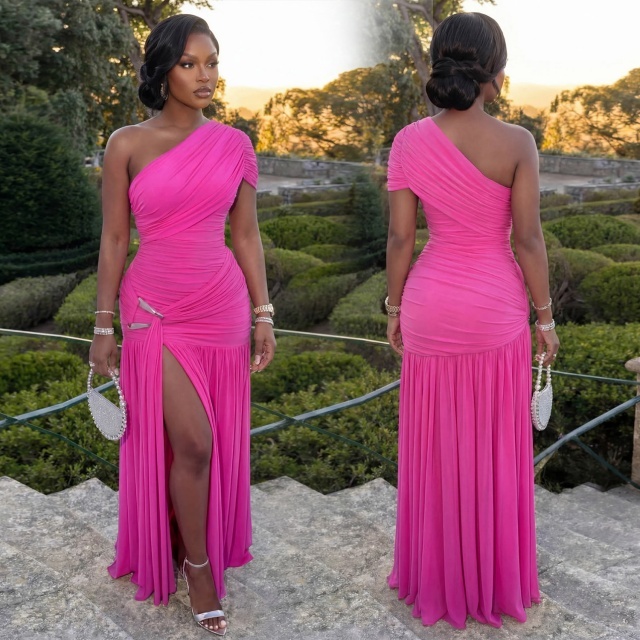 Single Shoulder High Split Out Maxi Dress