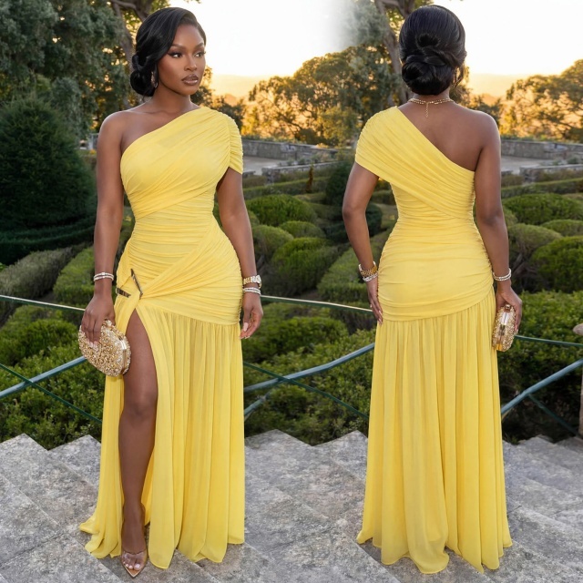 Single Shoulder High Split Out Maxi Dress