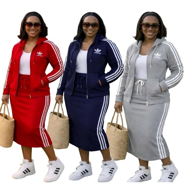 Striped Hooded Jacket Top Midi Skirt Set