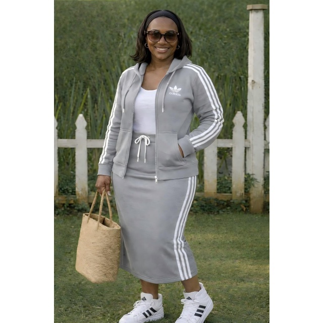 Striped Hooded Jacket Top Midi Skirt Set