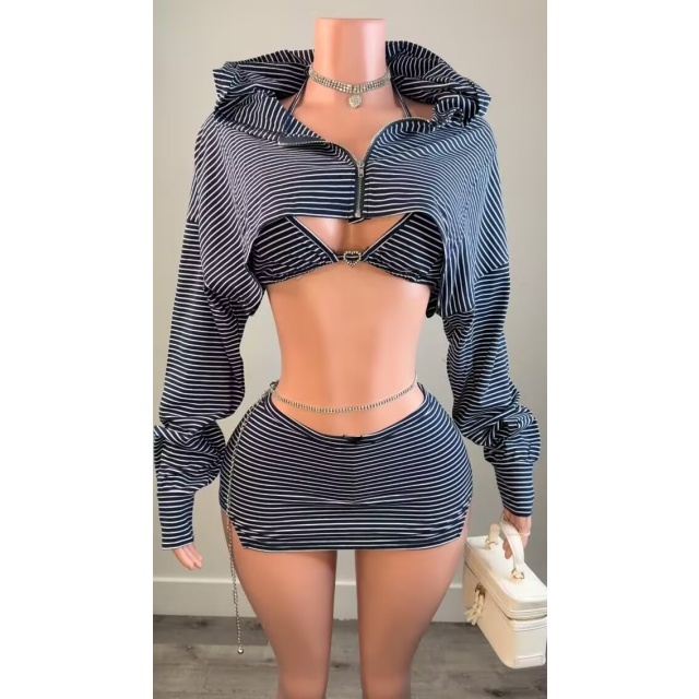 Striped Printed Hollow Out Slim Fit Skirt Set 3 Pieces
