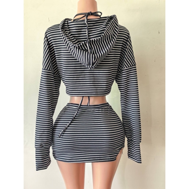 Striped Printed Hollow Out Slim Fit Skirt Set 3 Pieces
