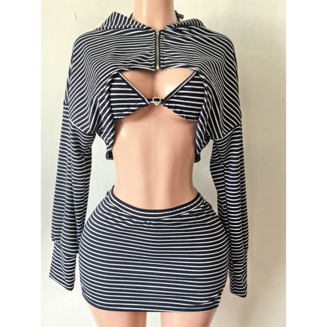 Striped Printed Hollow Out Slim Fit Skirt Set 3 Pieces