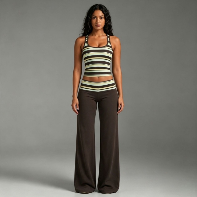 Striped U Neck Tank Top Loose Style Pant Set