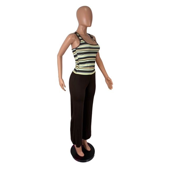 Striped U Neck Tank Top Loose Style Pant Set