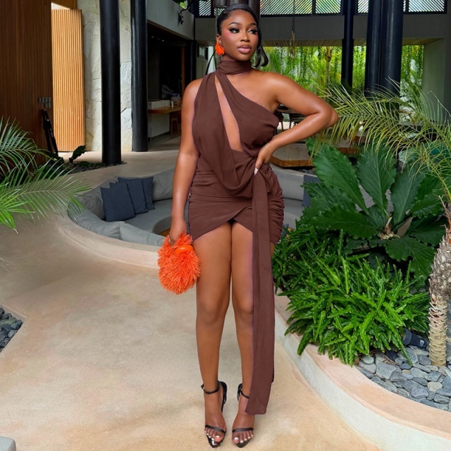 Hollow Out Halter One Shoulder Ruched Mini Dress