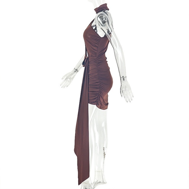 Hollow Out Halter One Shoulder Ruched Mini Dress