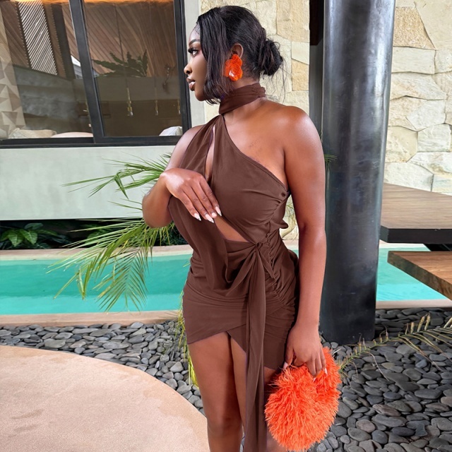 Hollow Out Halter One Shoulder Ruched Mini Dress