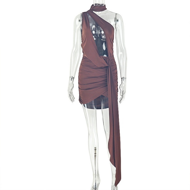Hollow Out Halter One Shoulder Ruched Mini Dress