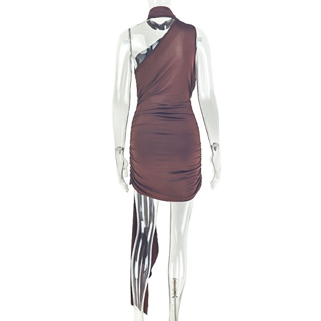 Hollow Out Halter One Shoulder Ruched Mini Dress