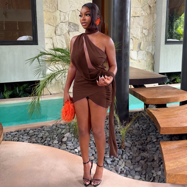 Hollow Out Halter One Shoulder Ruched Mini Dress