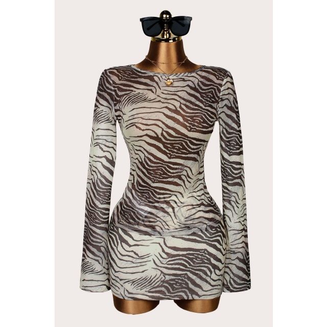 Printed Long-sleeve Top Bodycon Mini Skirt Set