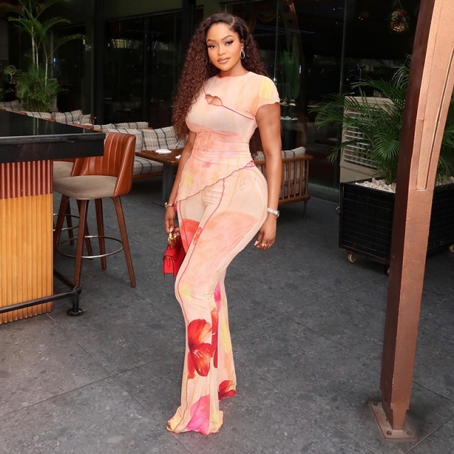 Sheer Mesh Floral Printed Two Pieces Pant Set
