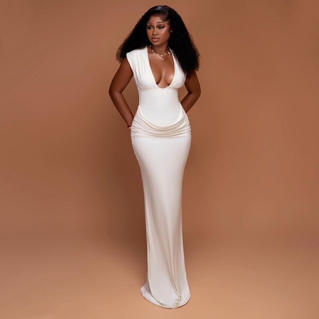 Sleeveless V Neck Pleated Slim Fit Maxi Dress