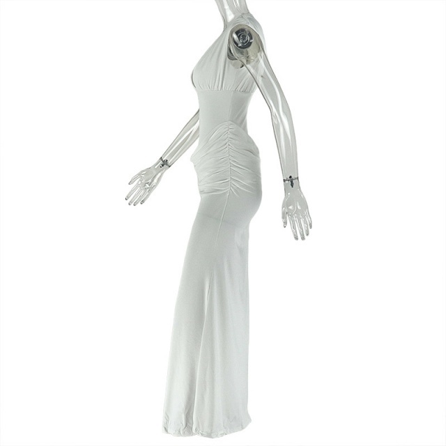 Sleeveless V Neck Pleated Slim Fit Maxi Dress