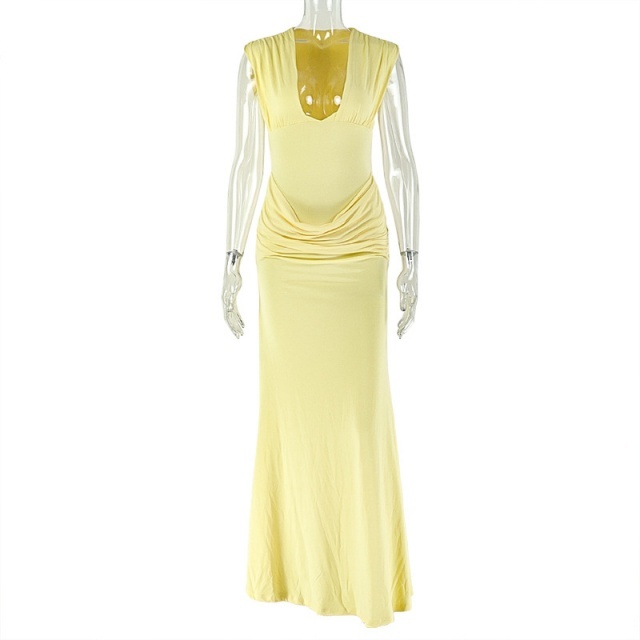 Sleeveless V Neck Pleated Slim Fit Maxi Dress