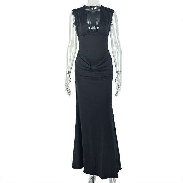Sleeveless V Neck Pleated Slim Fit Maxi Dress