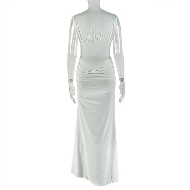 Sleeveless V Neck Pleated Slim Fit Maxi Dress