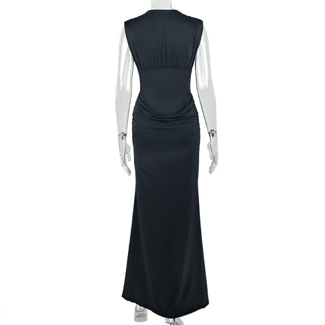Sleeveless V Neck Pleated Slim Fit Maxi Dress