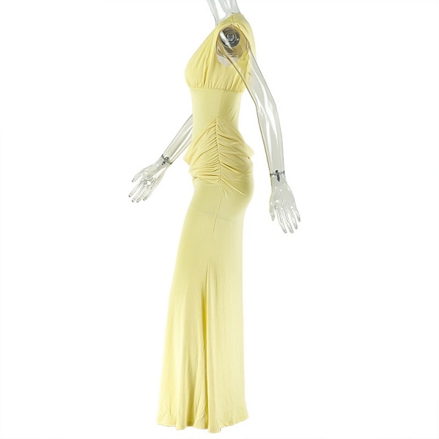 Sleeveless V Neck Pleated Slim Fit Maxi Dress