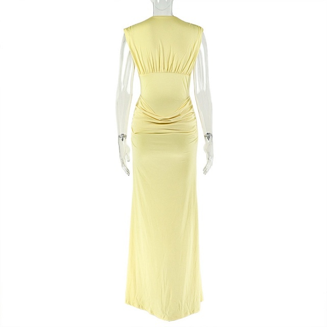 Sleeveless V Neck Pleated Slim Fit Maxi Dress