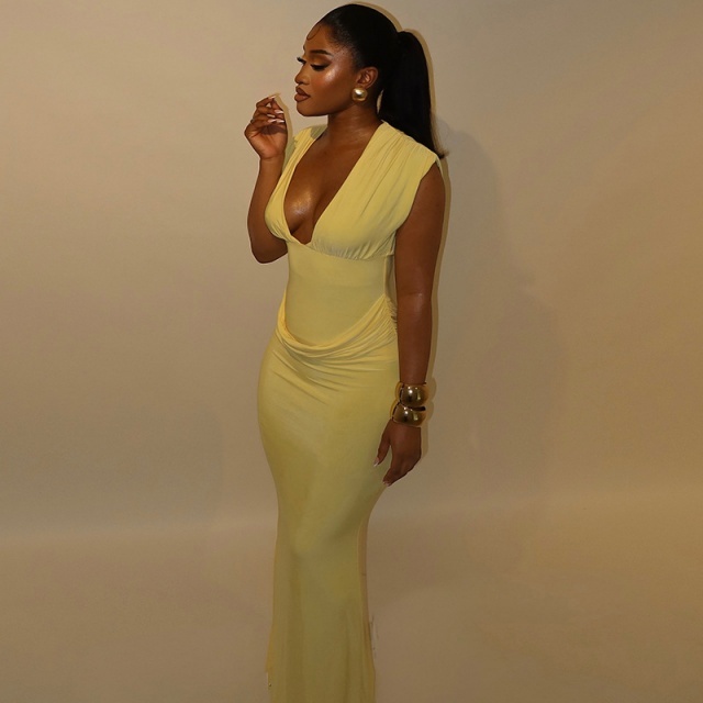 Sleeveless V Neck Pleated Slim Fit Maxi Dress
