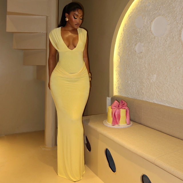 Sleeveless V Neck Pleated Slim Fit Maxi Dress