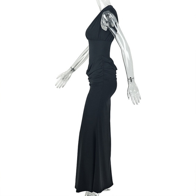 Sleeveless V Neck Pleated Slim Fit Maxi Dress