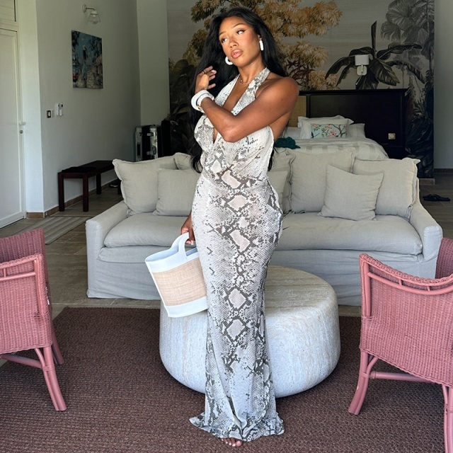 Snake Printed Halter Backless Maxi Dress