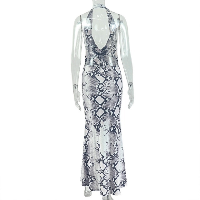 Snake Printed Halter Backless Maxi Dress