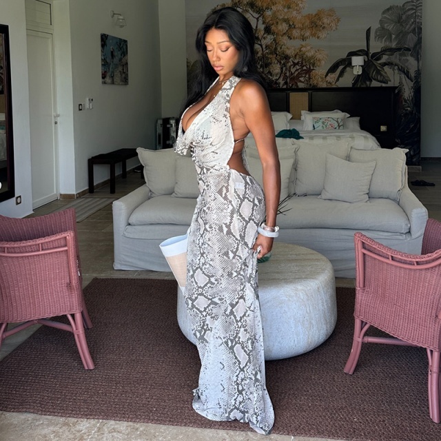 Snake Printed Halter Backless Maxi Dress