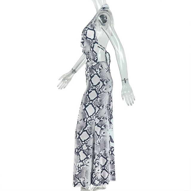 Snake Printed Halter Backless Maxi Dress