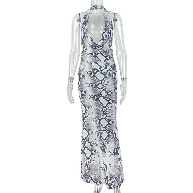 Snake Printed Halter Backless Maxi Dress