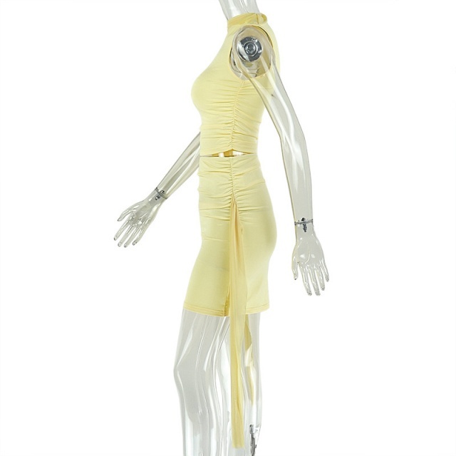 Tied Asymmetrical Neck Ruched Bodycon Skirt Set