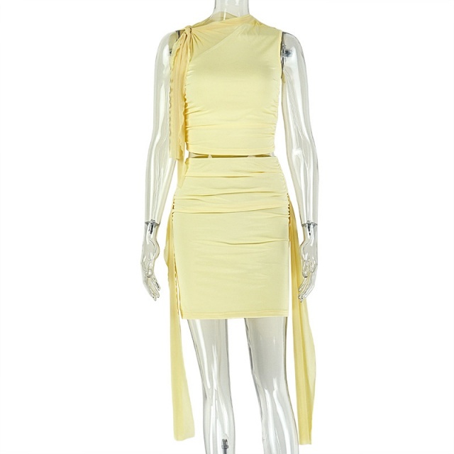 Tied Asymmetrical Neck Ruched Bodycon Skirt Set