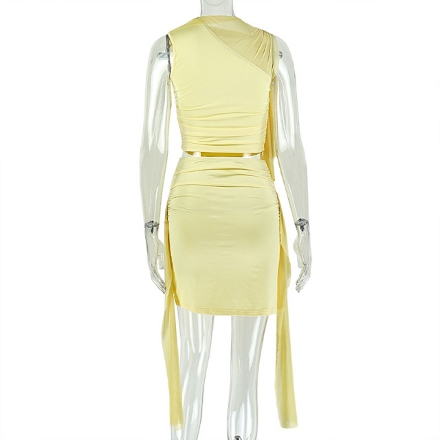 Tied Asymmetrical Neck Ruched Bodycon Skirt Set