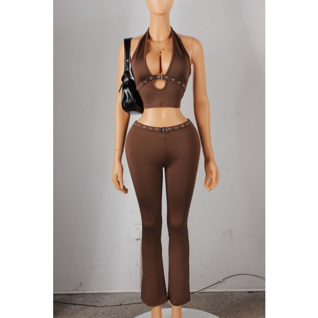 Halter Neck Backless Crop Top Fitted Pant Set