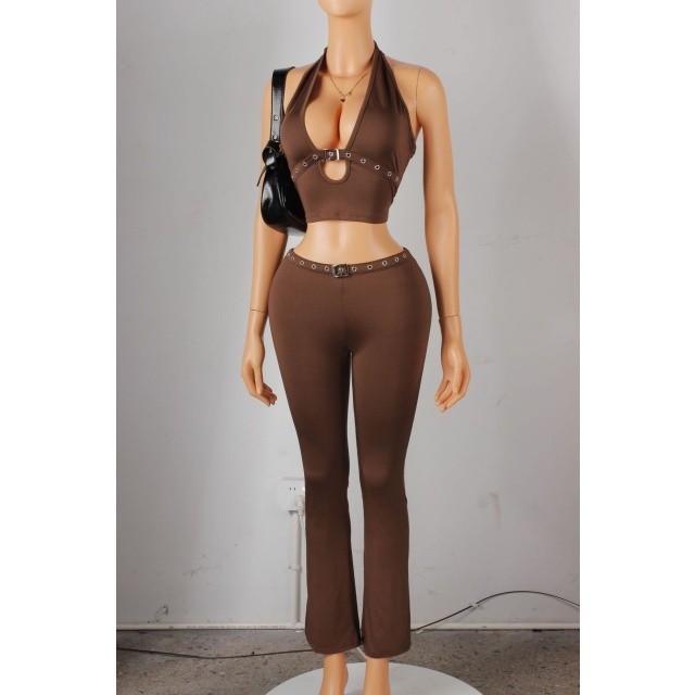 Halter Neck Backless Crop Top Fitted Pant Set