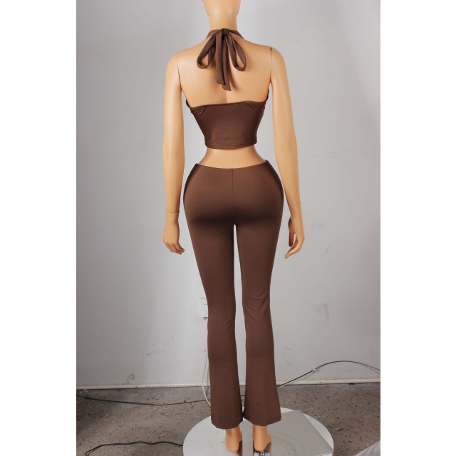 Halter Neck Backless Crop Top Fitted Pant Set