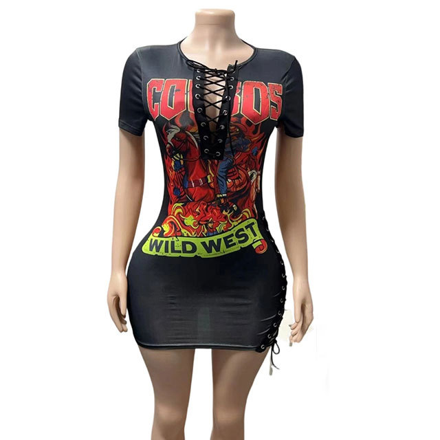 Hollow Out Laced-up Printed Slim Fit Dress