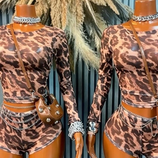 Leopard Printed Long-sleeve Top Fitted Short Set