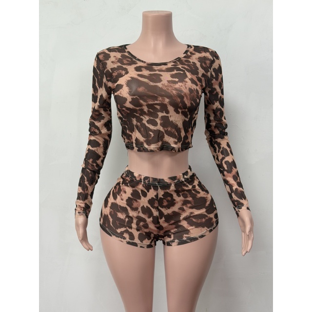 Leopard Printed Long-sleeve Top Fitted Short Set
