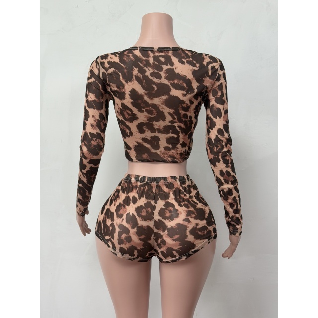 Leopard Printed Long-sleeve Top Fitted Short Set