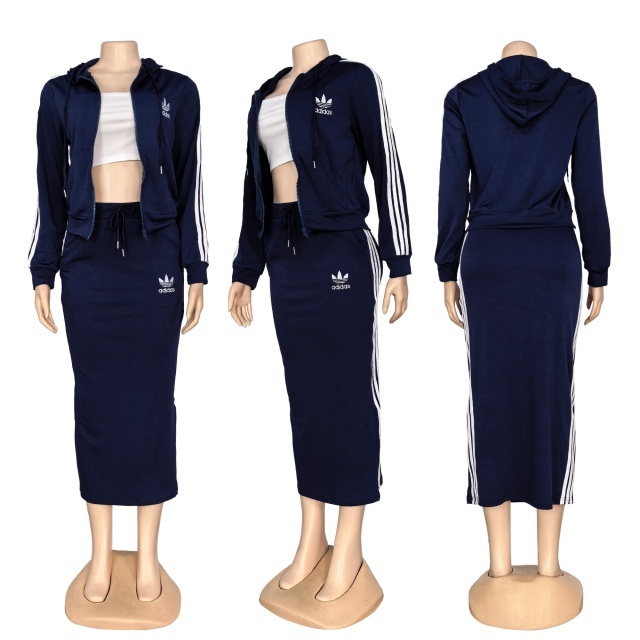 Striped Hooded Jacket Top Midi Skirt Set