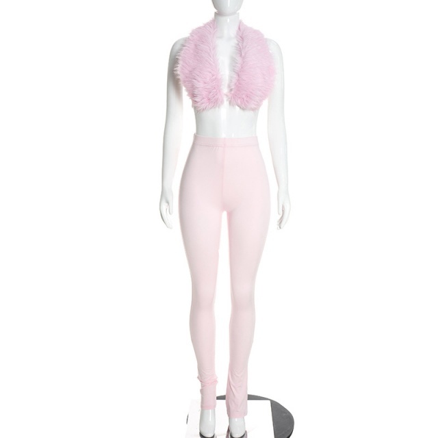 Backless Fur Top Slim-fitting Leggings Set