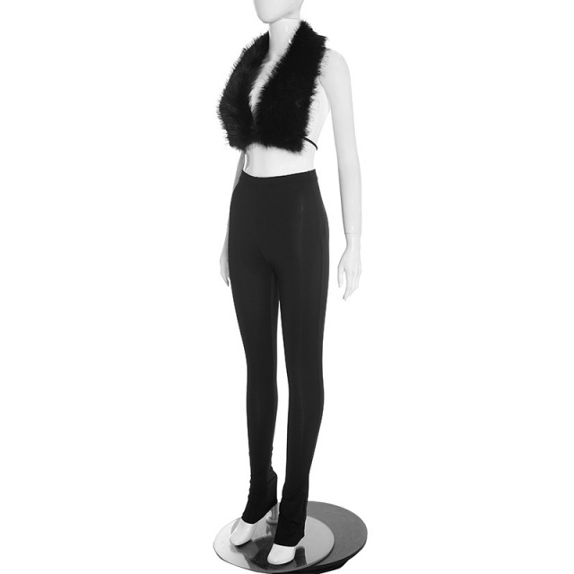 Backless Fur Top Slim-fitting Leggings Set