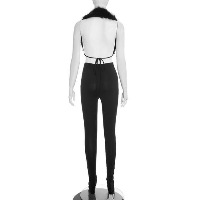 Backless Fur Top Slim-fitting Leggings Set